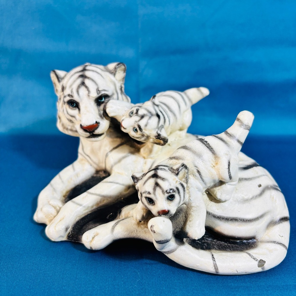 White Tiger Family Figurine Mother with Two Cubs Wildlife Statue Decor